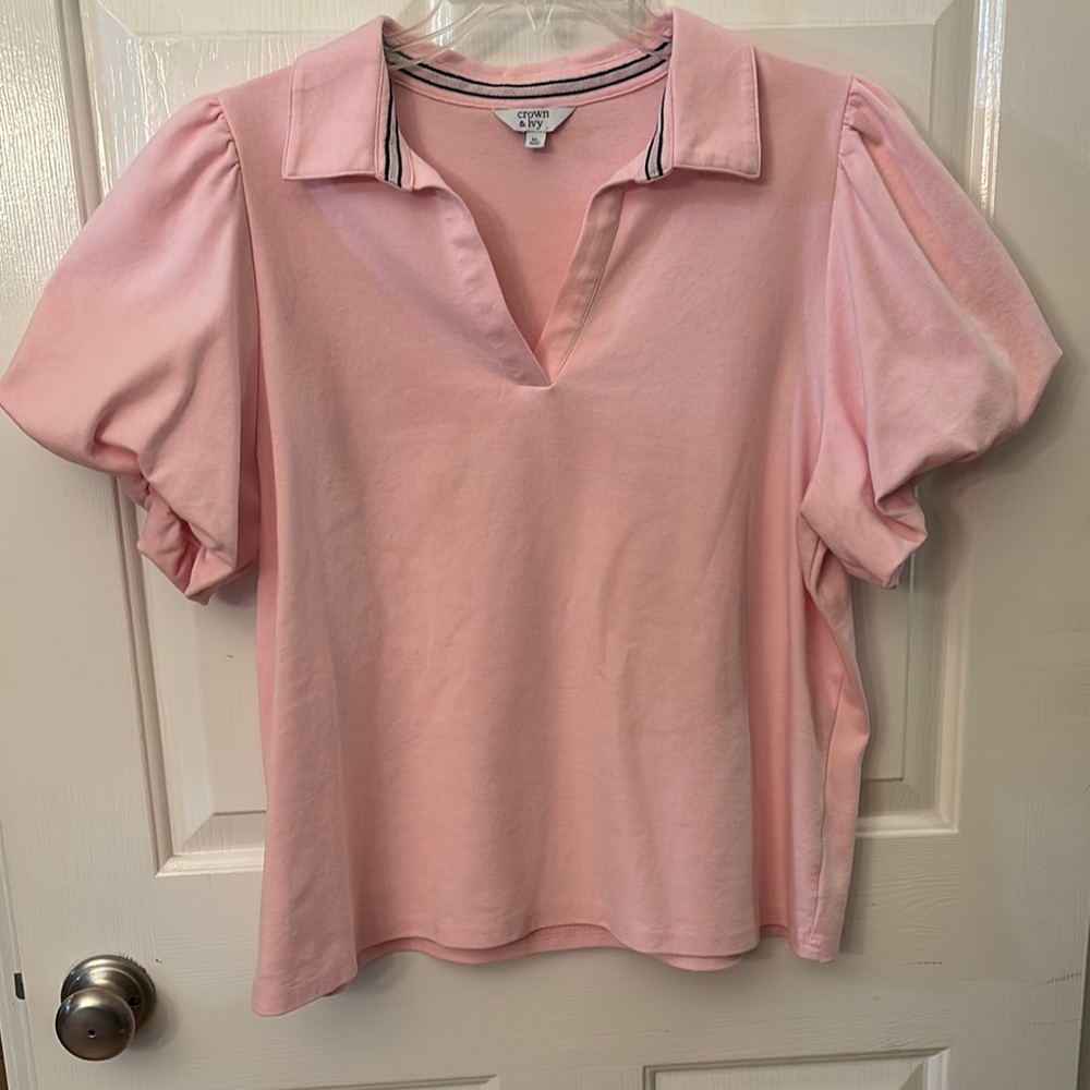 Crown & Ivy Pink Polo Collar Women's Top